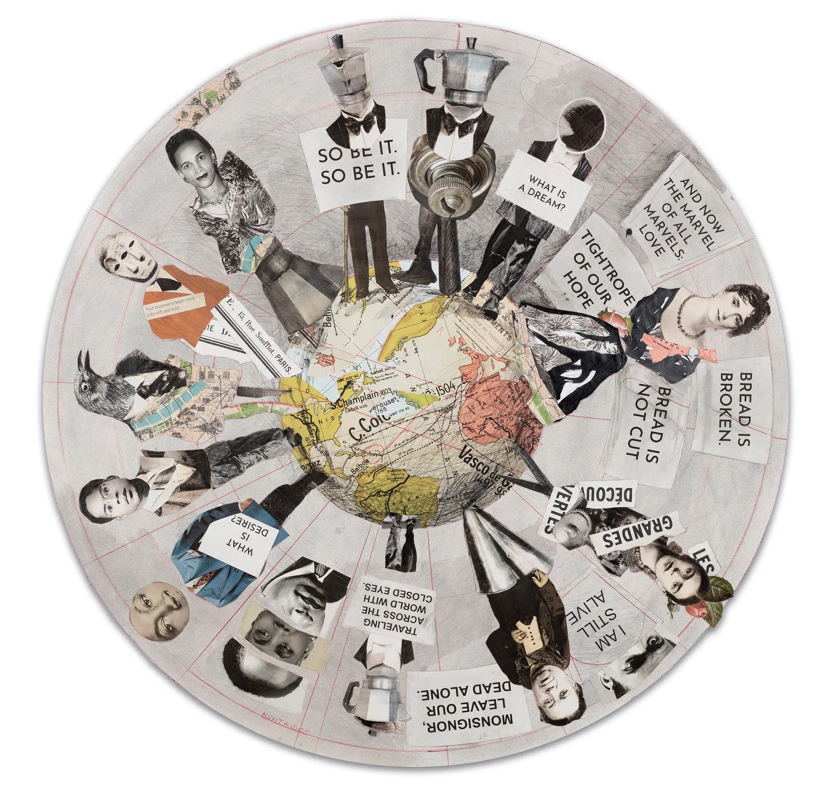 William Kentridge Tightrope of Our Hope, 2023 Charcoal, colored pencil, Indian ink, digital print, collage on paper Diameter: 50 3/8...