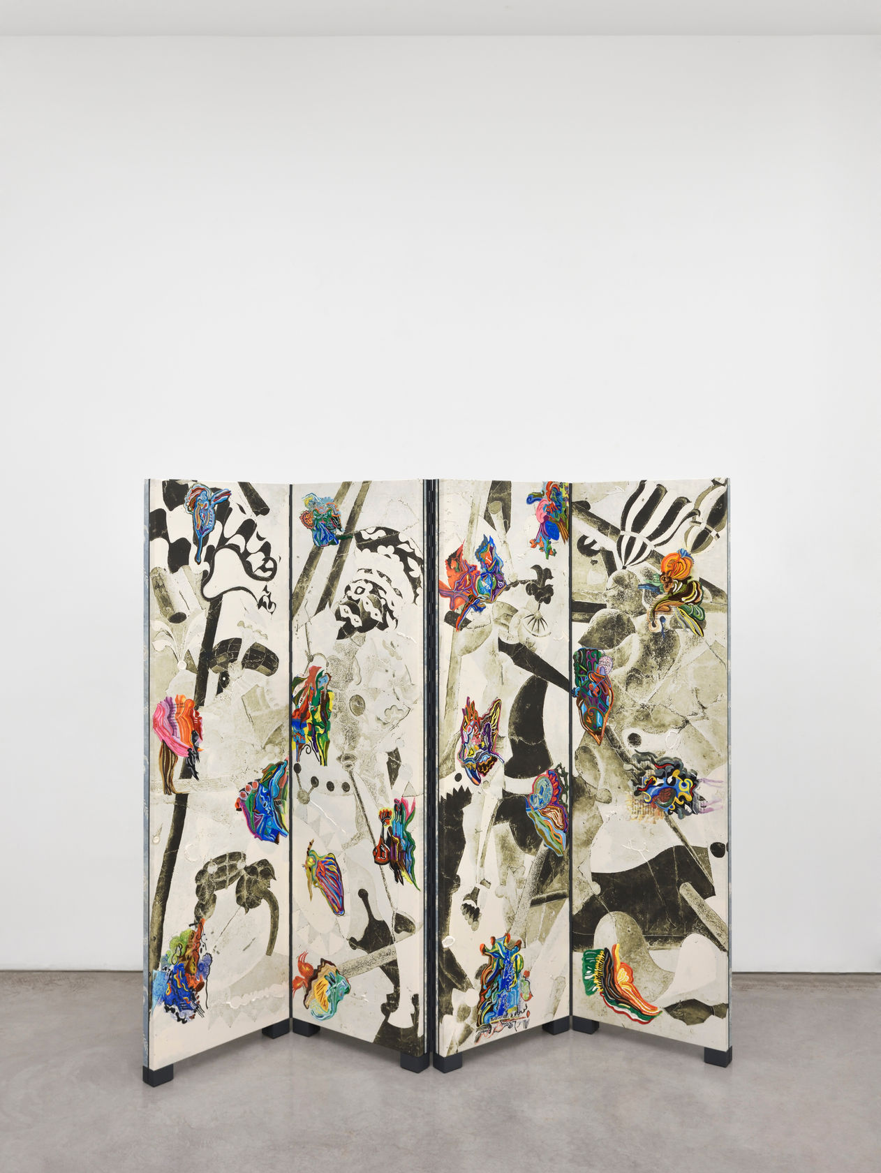 Edi Rama Untitled, 2024 Paravent, printed fabric, embroidery, ceramic and bronze sculpture 64 3/4 x 71 5/8 x 2 in....