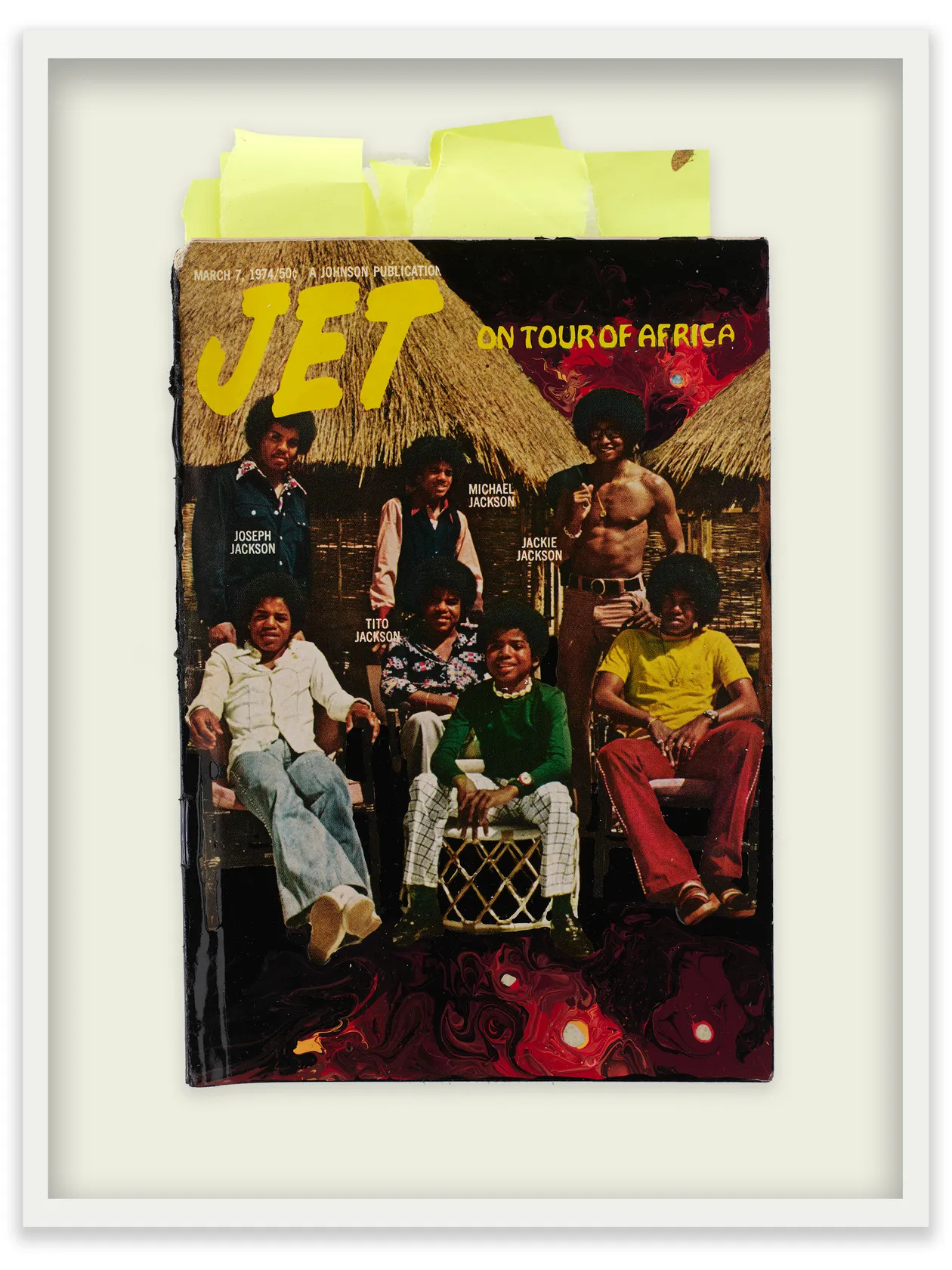 Tavares Strachan On Tour of Africa, 2022 Jet magazine, torn post-it notes, oil, enamel, pigment, acrylic Work: 8 5/8 x...