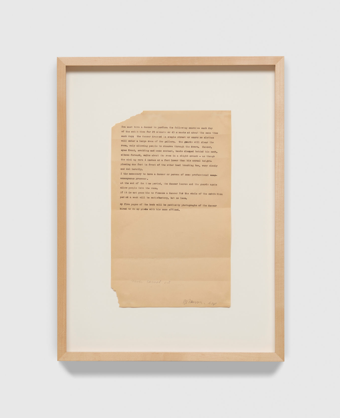 Bruce Nauman Performance (Slightly Crouched), 1968 Performance in a gallery instructions (typewriting on paper) Sheet: 14 x 8 1/2 in....