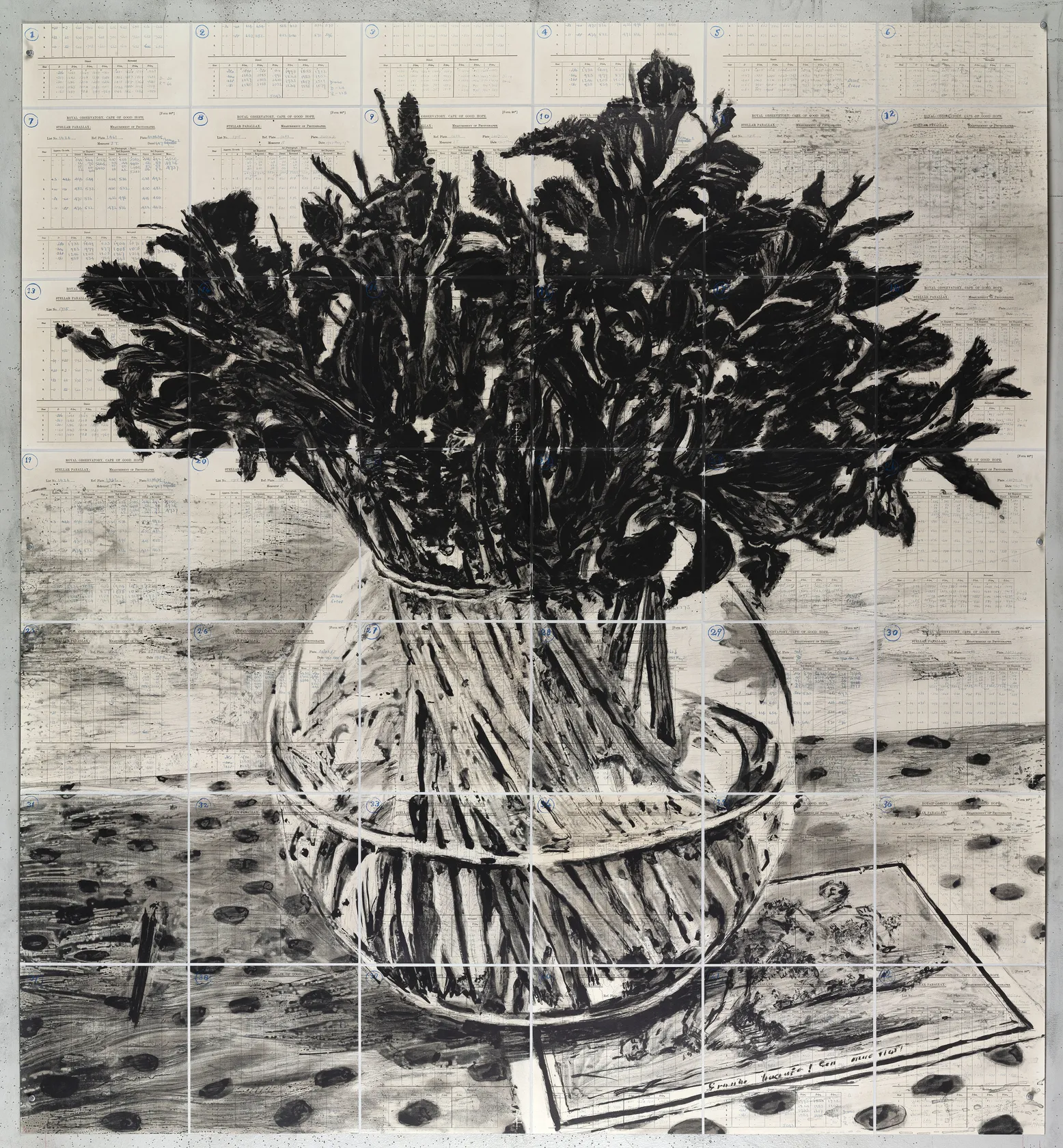 A black and white sketch of a vase of flowers on a polkadot tablecloth, overlaid with a grid. 