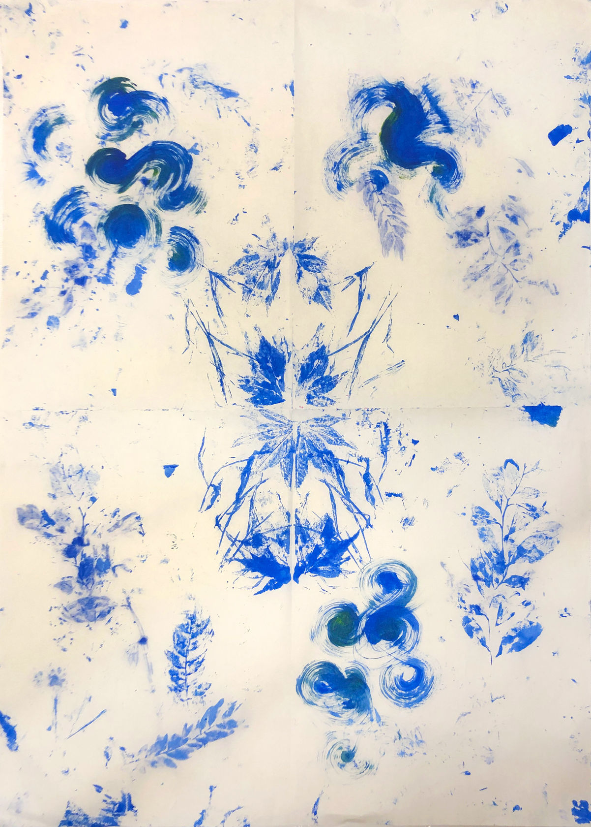 A colorful abstract painting utilizing prints of leaves