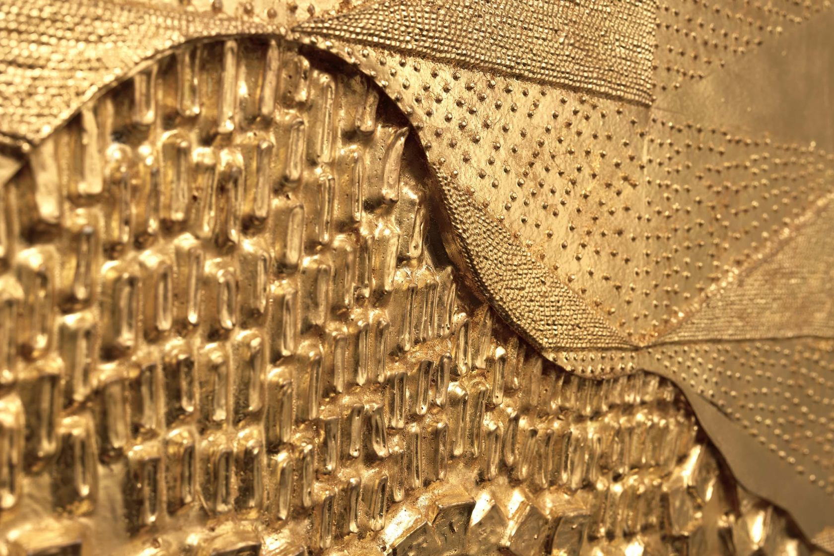 Lina Iris Viktor Bambouk2024 24 carat gold, acrylic, cut paper, linen, jute on wood panel 125 x 59.5 x 5...