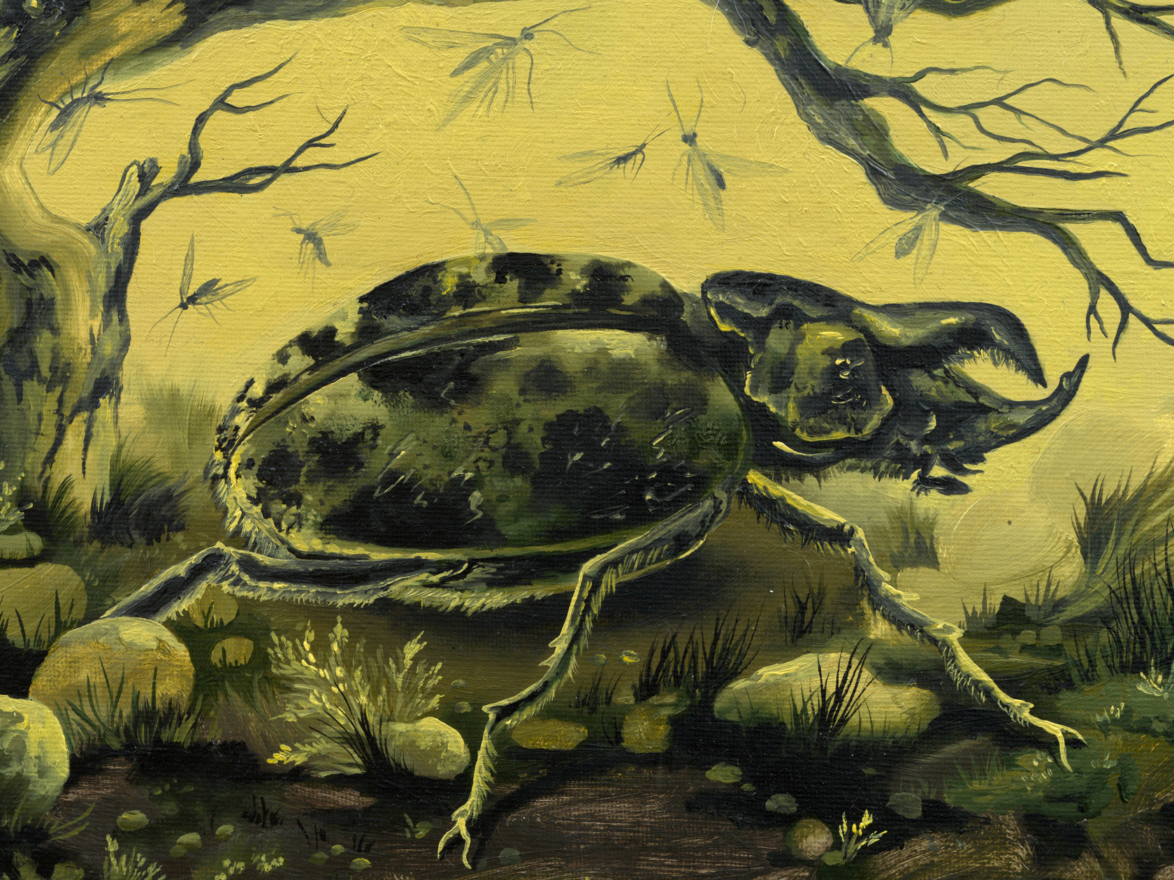 Kat Lyons Season of the Beetle2025 Oil on canvas Custom Frame: Dirt dyed muslin and acrylic paint 47.6 x 57.8...