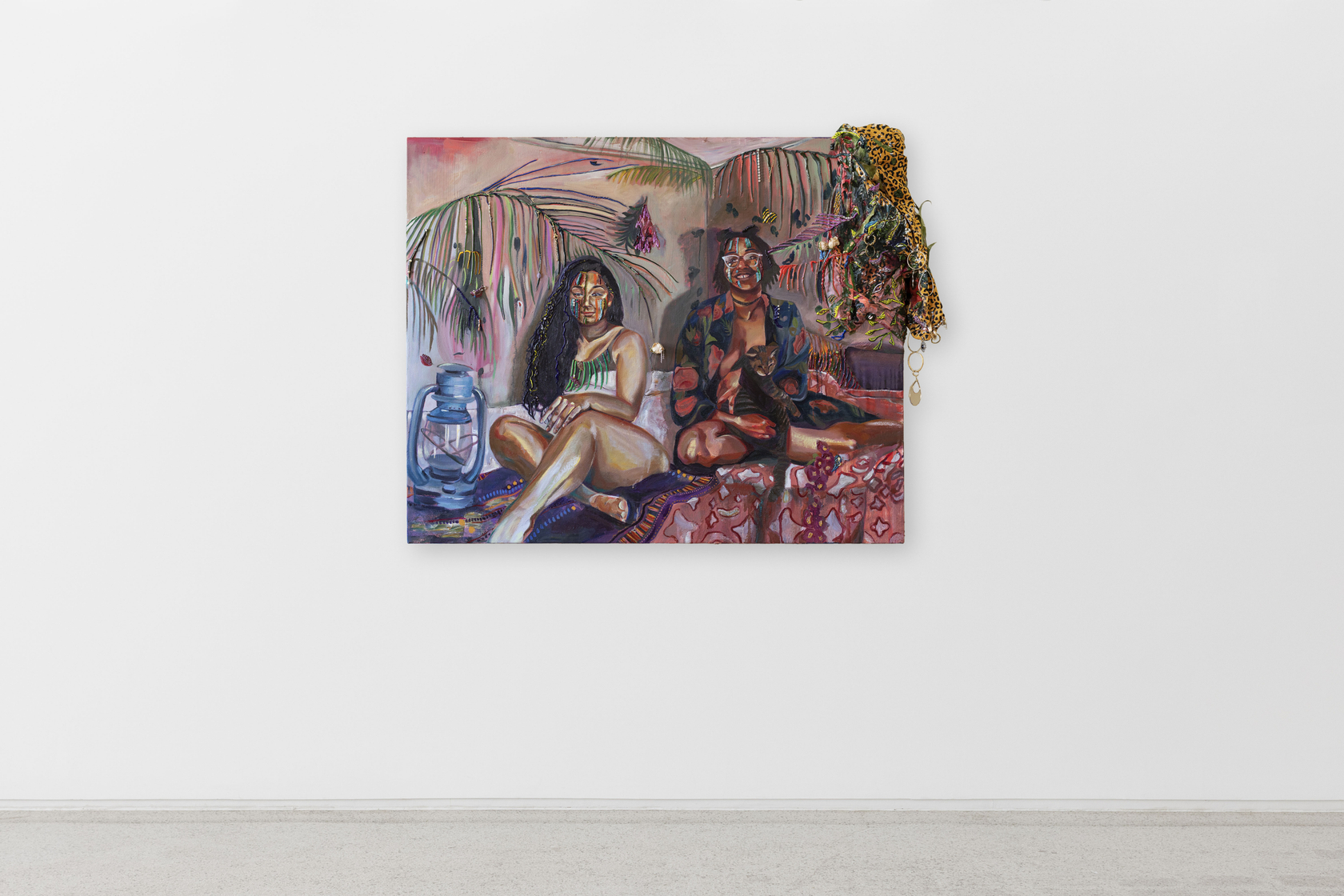 Gisela McDaniel Got Your Back2020 Oil on canvas, found object, flower, resin, sound on USB 91.4 x 111.8 x 21.6...