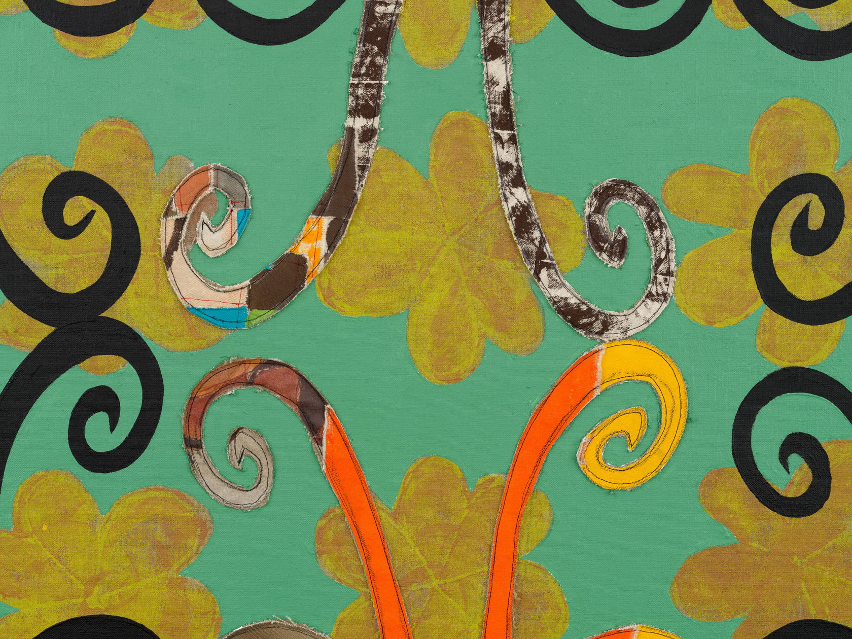 Tschabalala Self Spiral2024 Fabric, dye, thread, acrylic paint and oil paint on linen 182.9 x 213.4 cm 72 x 84...