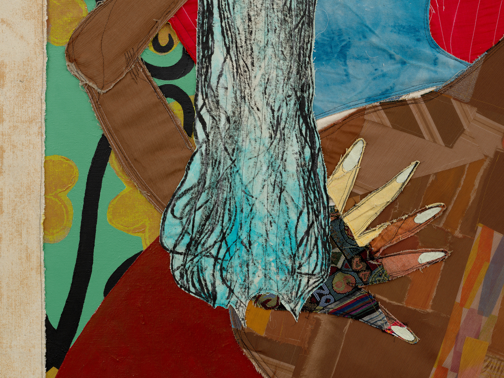 Tschabalala Self Spiral2024 Fabric, dye, thread, acrylic paint and oil paint on linen 182.9 x 213.4 cm 72 x 84...