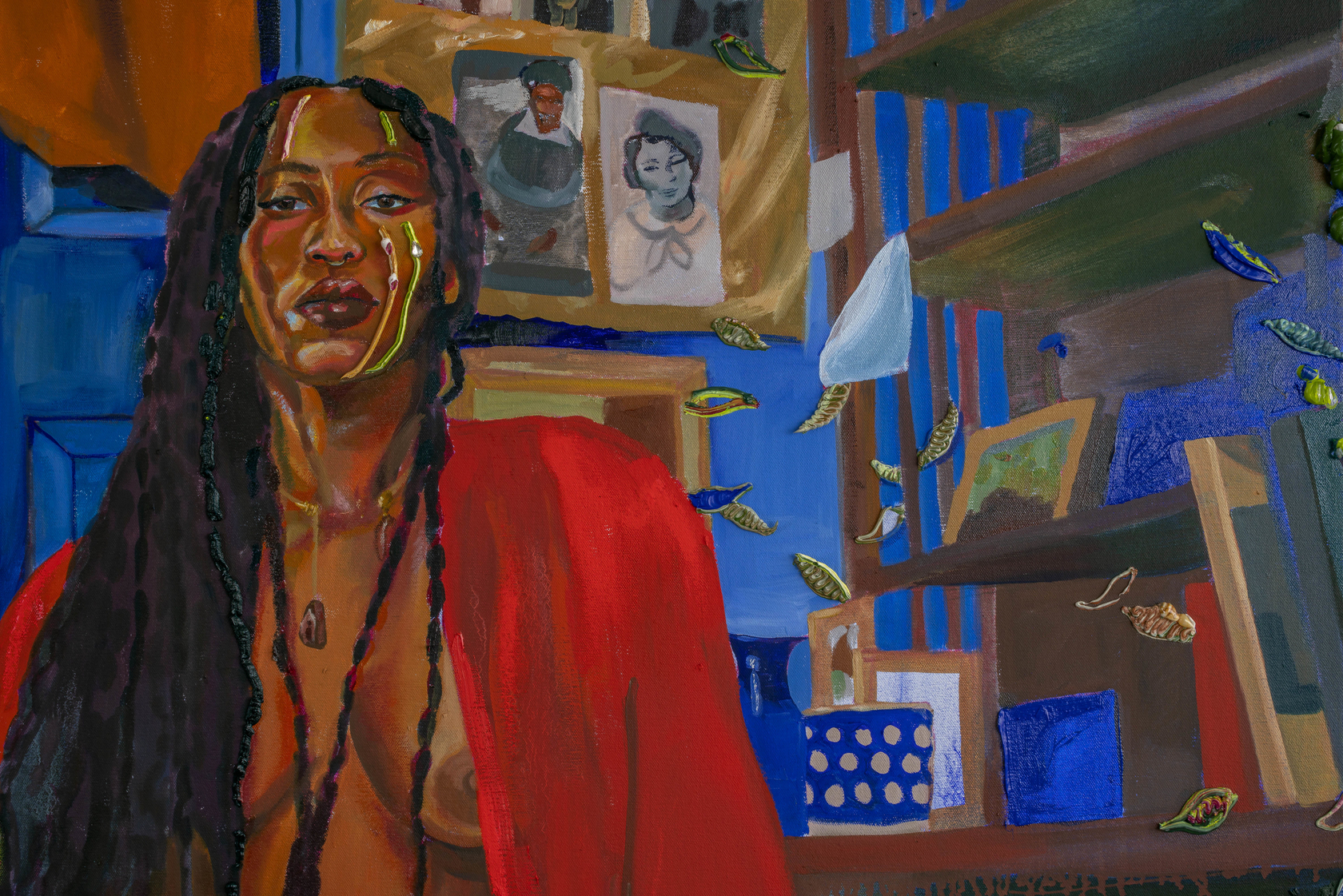 Gisela McDaniel Find my voice again2022 Oil on canvas, found objects, sound 101.6 x 152.4 cm 40 x 60 in