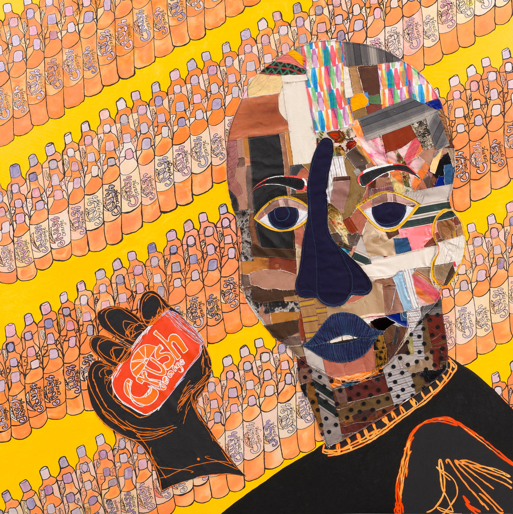 Tschabalala Self Customer 3 2024 Acrylic, colored pencil, fabric, painted canvas and thread on canvas 243.8 x 243.8 cm 96...