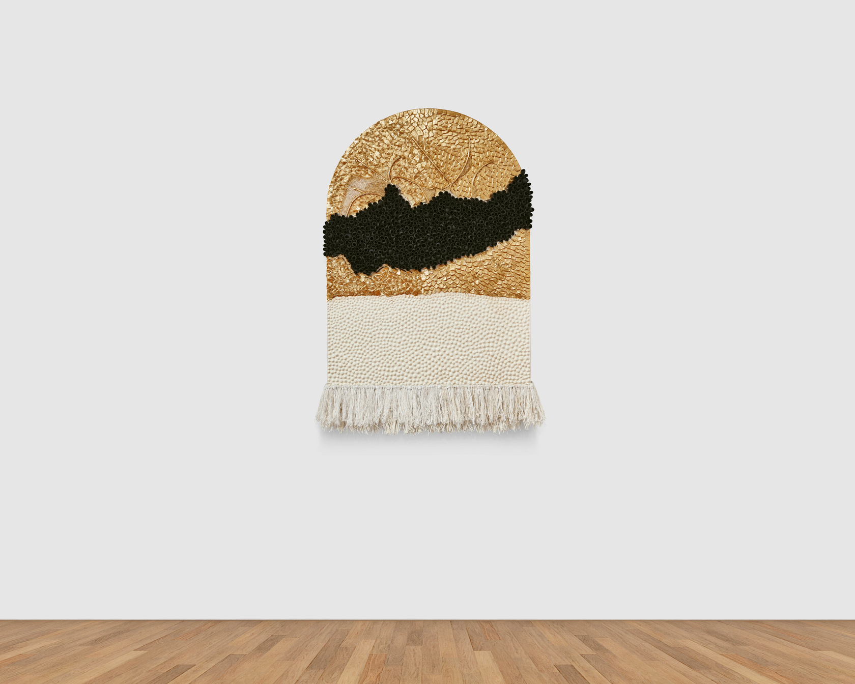 Lina Iris Viktor a world spun for billions of years before our birth2024 24 carat gold, acrylic, linen, raffia, silk,...