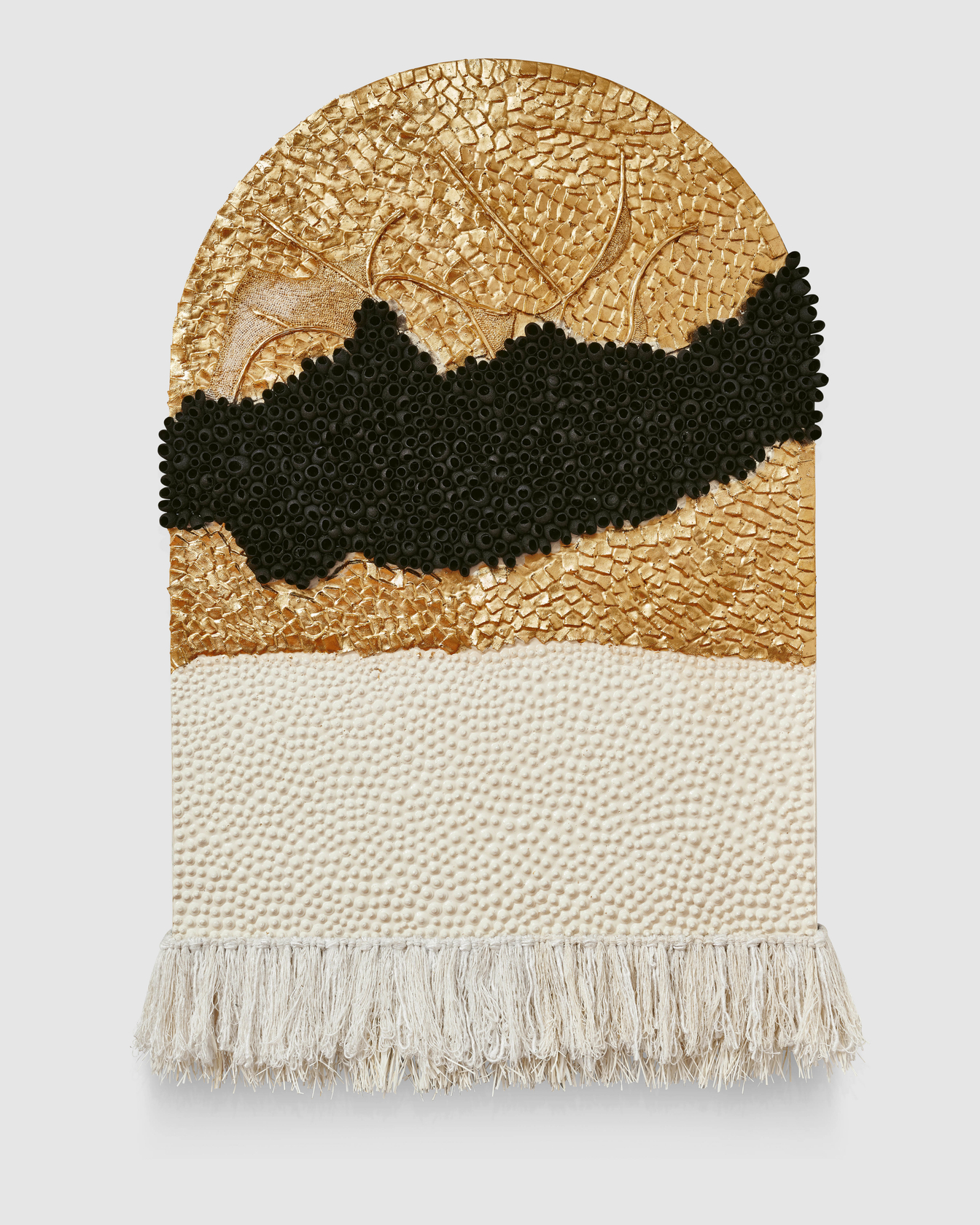 Lina Iris Viktor a world spun for billions of years before our birth2024 24 carat gold, acrylic, linen, raffia, silk,...