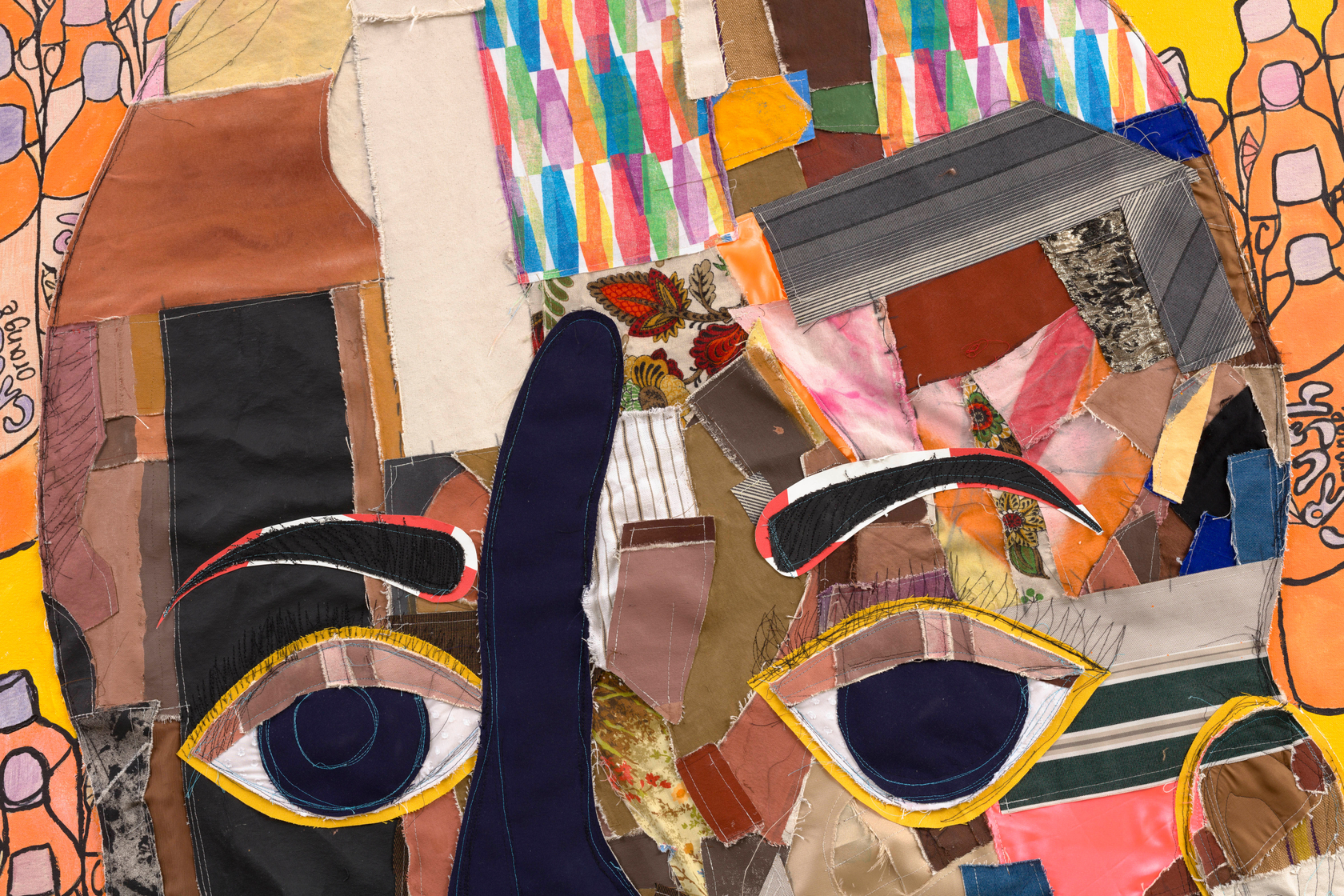 Tschabalala Self Customer 3 2024 Acrylic, colored pencil, fabric, painted canvas and thread on canvas 243.8 x 243.8 cm 96...