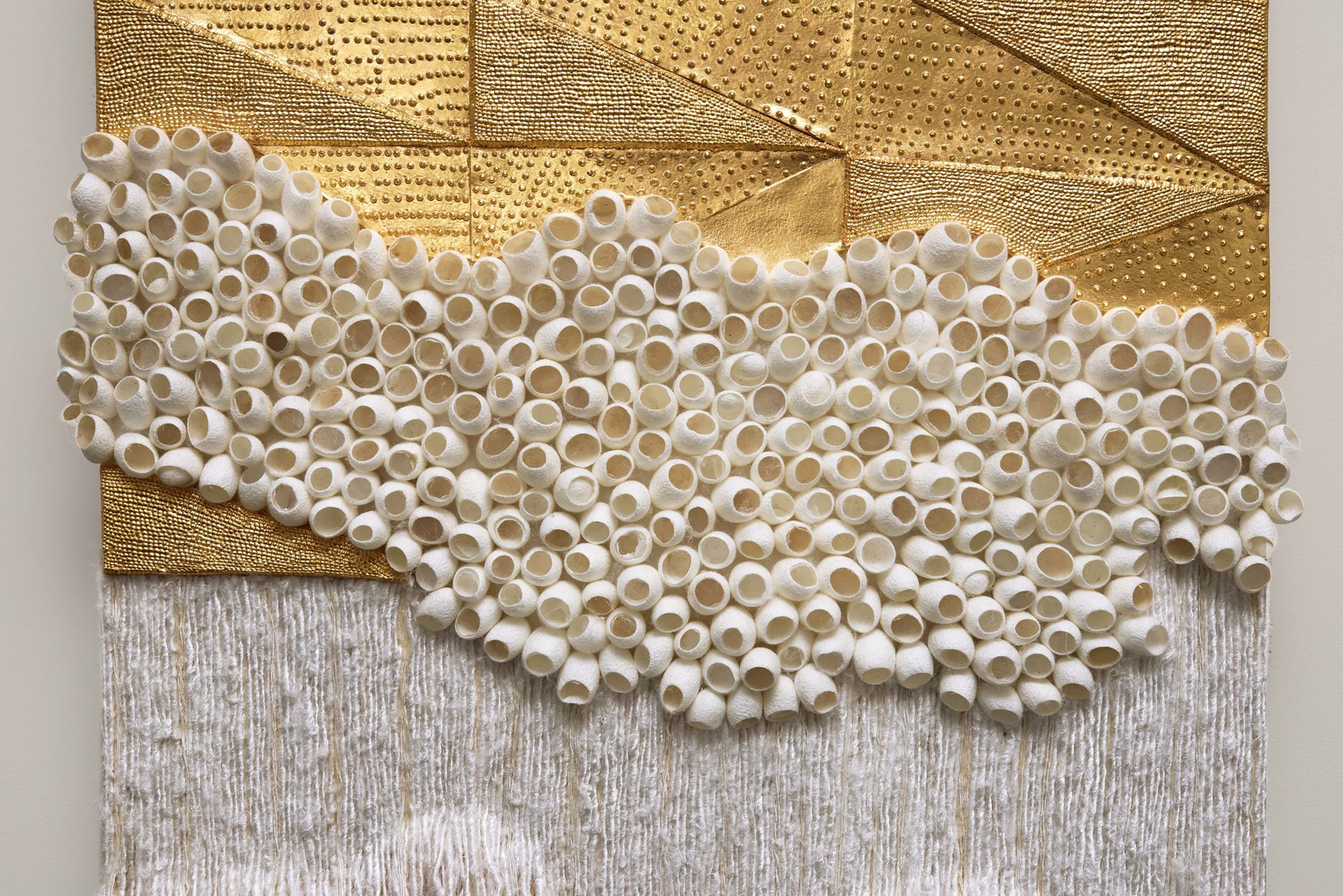 Lina Iris Viktor Bouré2024 24 carat gold, acrylic, cut paper, linen, silk, banana yarn, raffia, silk cocoons on wood panel...