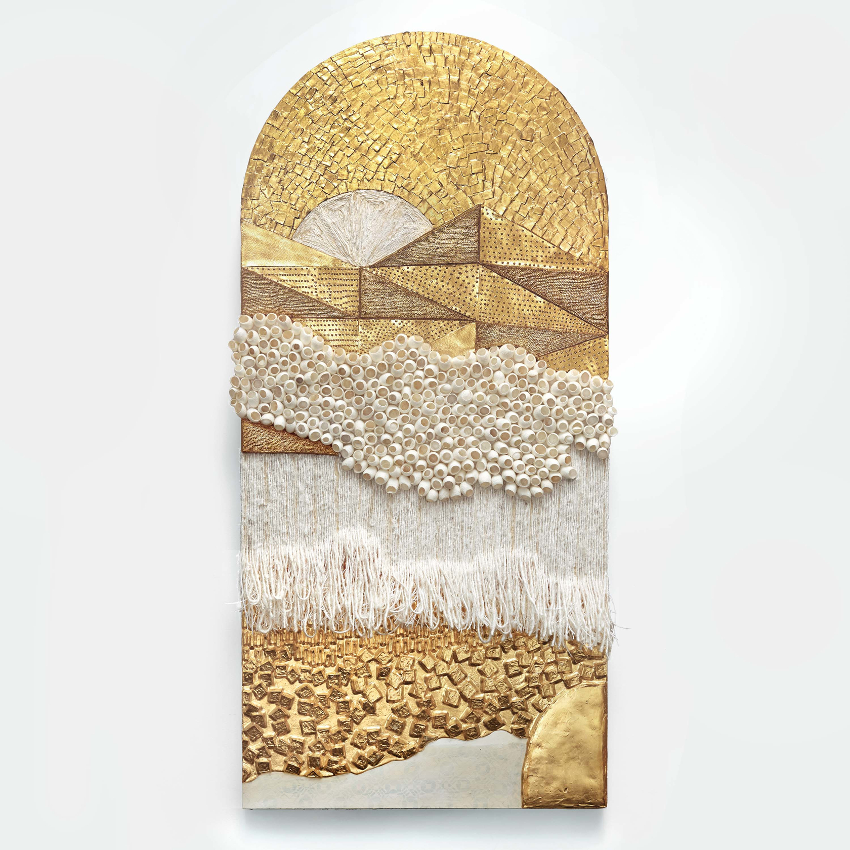 Lina Iris Viktor Bouré2024 24 carat gold, acrylic, cut paper, linen, silk, banana yarn, raffia, silk cocoons on wood panel...