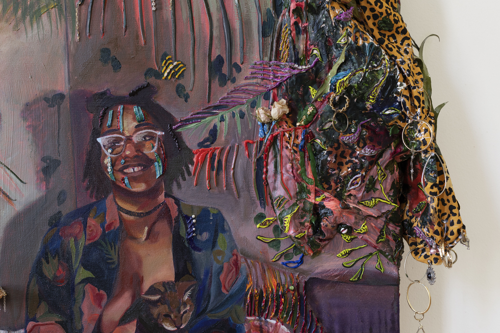 Gisela McDaniel Got Your Back2020 Oil on canvas, found object, flower, resin, sound on USB 91.4 x 111.8 x 21.6...