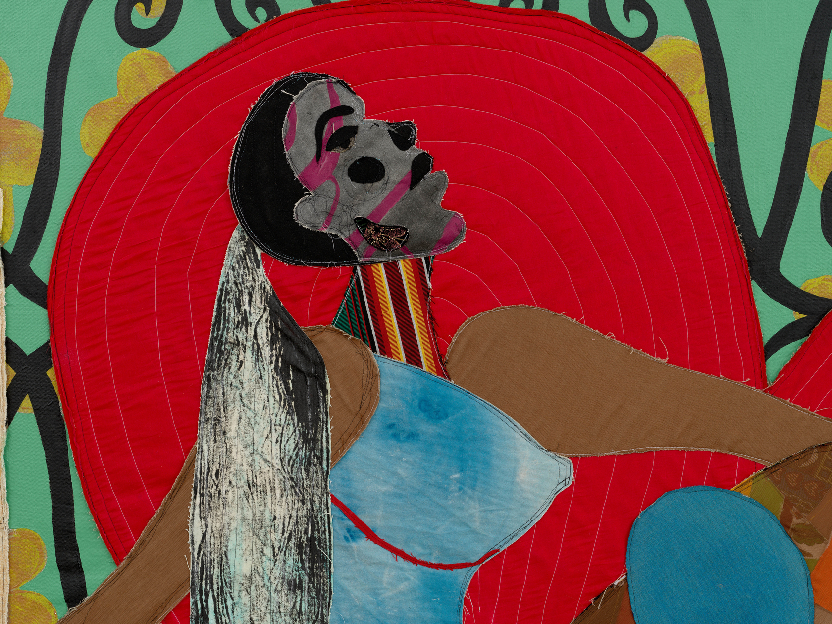 Tschabalala Self Spiral2024 Fabric, dye, thread, acrylic paint and oil paint on linen 182.9 x 213.4 cm 72 x 84...