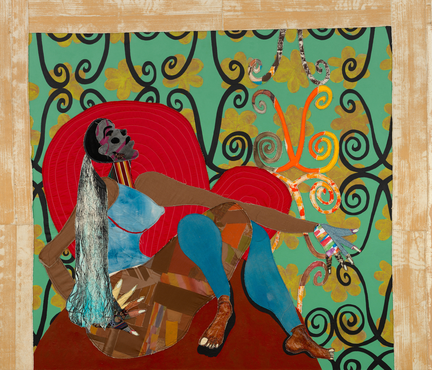 Tschabalala Self Spiral2024 Fabric, dye, thread, acrylic paint and oil paint on linen 182.9 x 213.4 cm 72 x 84...