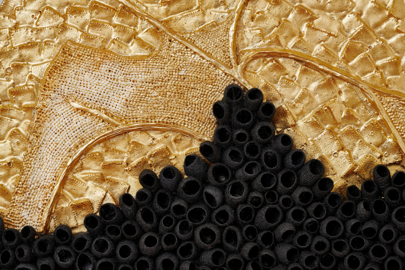 Lina Iris Viktor a world spun for billions of years before our birth2024 24 carat gold, acrylic, linen, raffia, silk,...