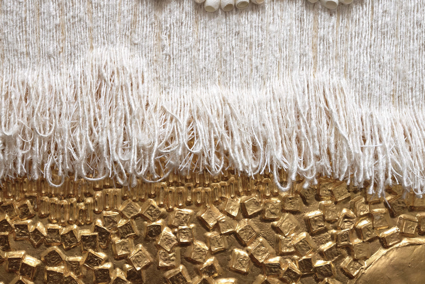 Lina Iris Viktor Bouré2024 24 carat gold, acrylic, cut paper, linen, silk, banana yarn, raffia, silk cocoons on wood panel...