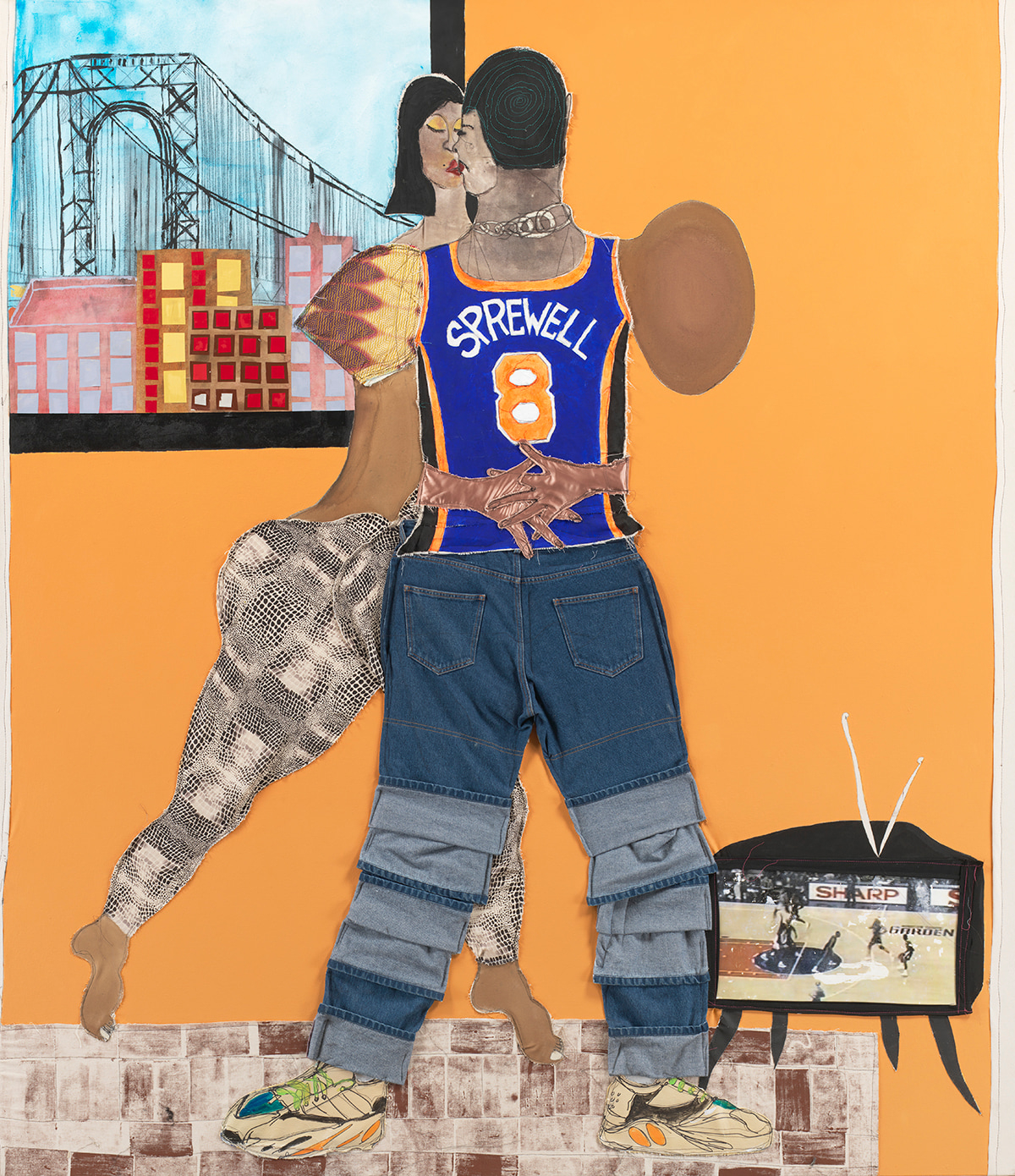 Tschabalala Self Sprewell2020 Fabric, painted canvas, silk, jeans, painted newsprint, paper, stamp, thread, photo transfer and acrylic on canvas 213.5...