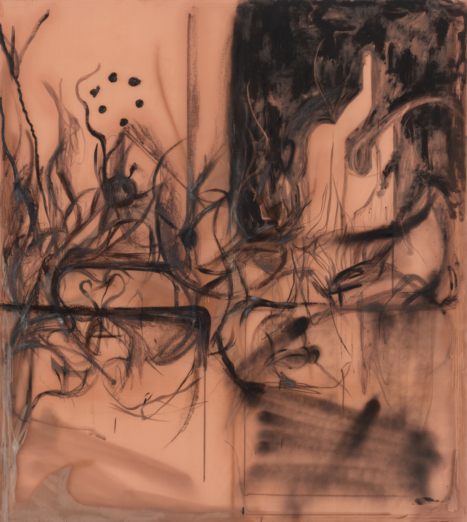 Peppi Bottrop C29.wtfg.022024 Oil, acrylic, charcoal, graphite and paper on copper mesh 189.9 x 170.2 cm 74 3/4 x 67...