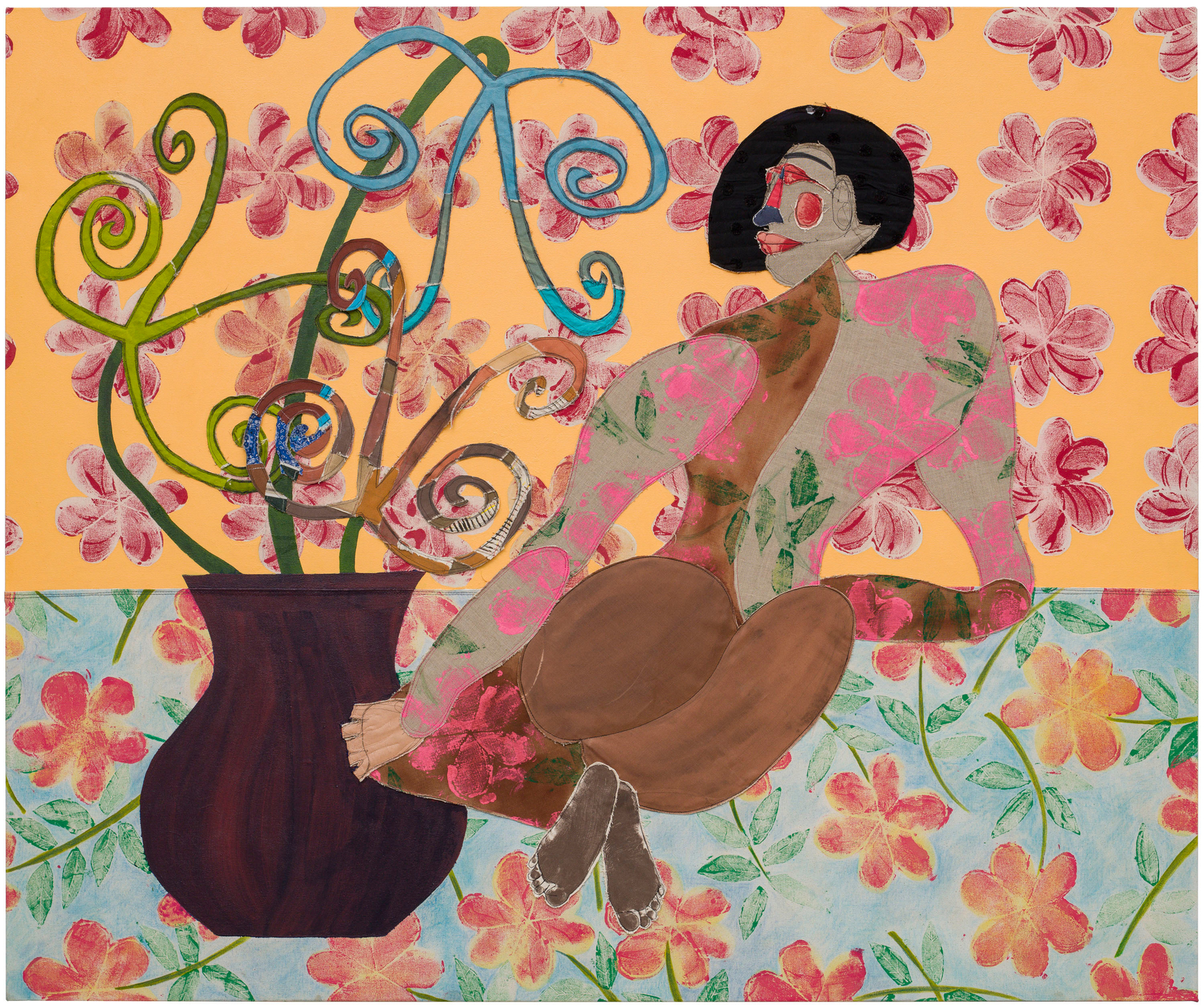 Tschabalala Self Enchantment No.1 2025 Acrylic paint, fabric, thread, color pencil, painted canvas and painted linen on canvas 152.4 x...