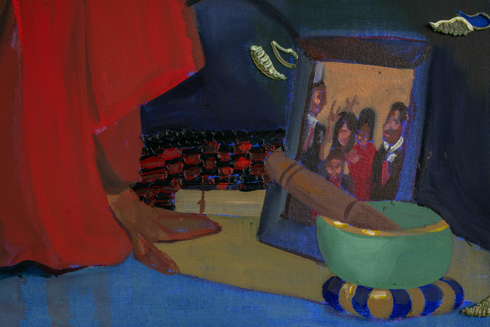 Gisela McDaniel Find my voice again2022 Oil on canvas, found objects, sound 101.6 x 152.4 cm 40 x 60 in