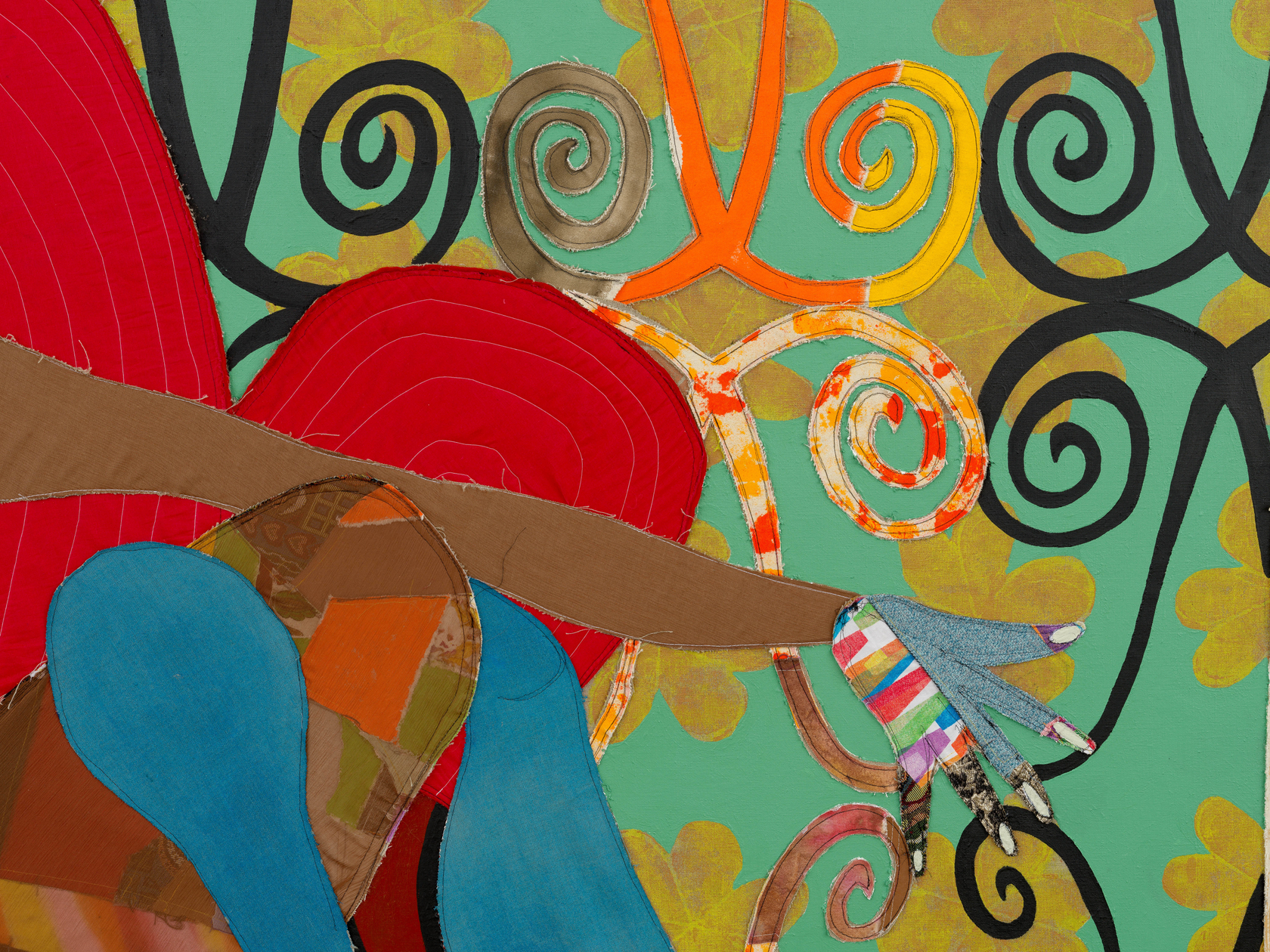 Tschabalala Self Spiral2024 Fabric, dye, thread, acrylic paint and oil paint on linen 182.9 x 213.4 cm 72 x 84...