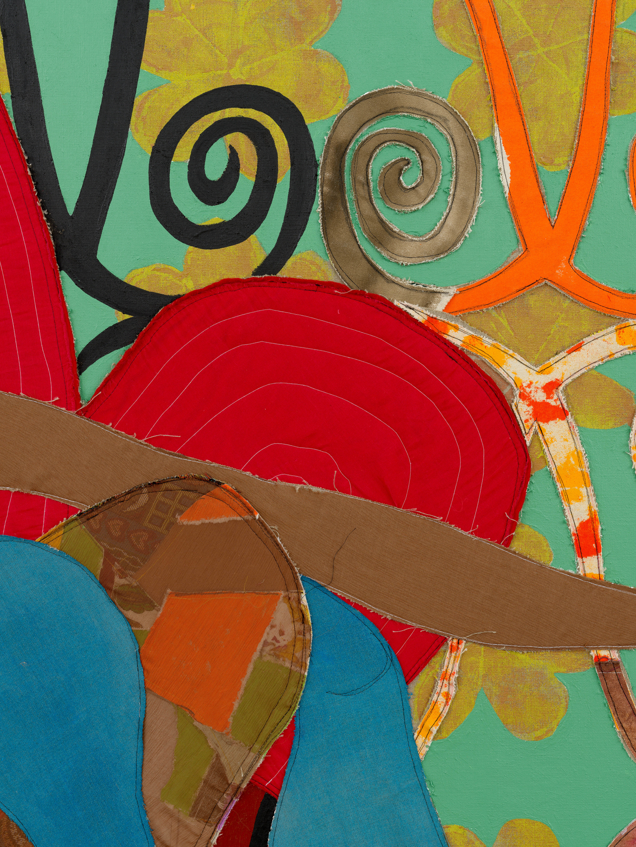 Tschabalala Self Spiral2024 Fabric, dye, thread, acrylic paint and oil paint on linen 182.9 x 213.4 cm 72 x 84...