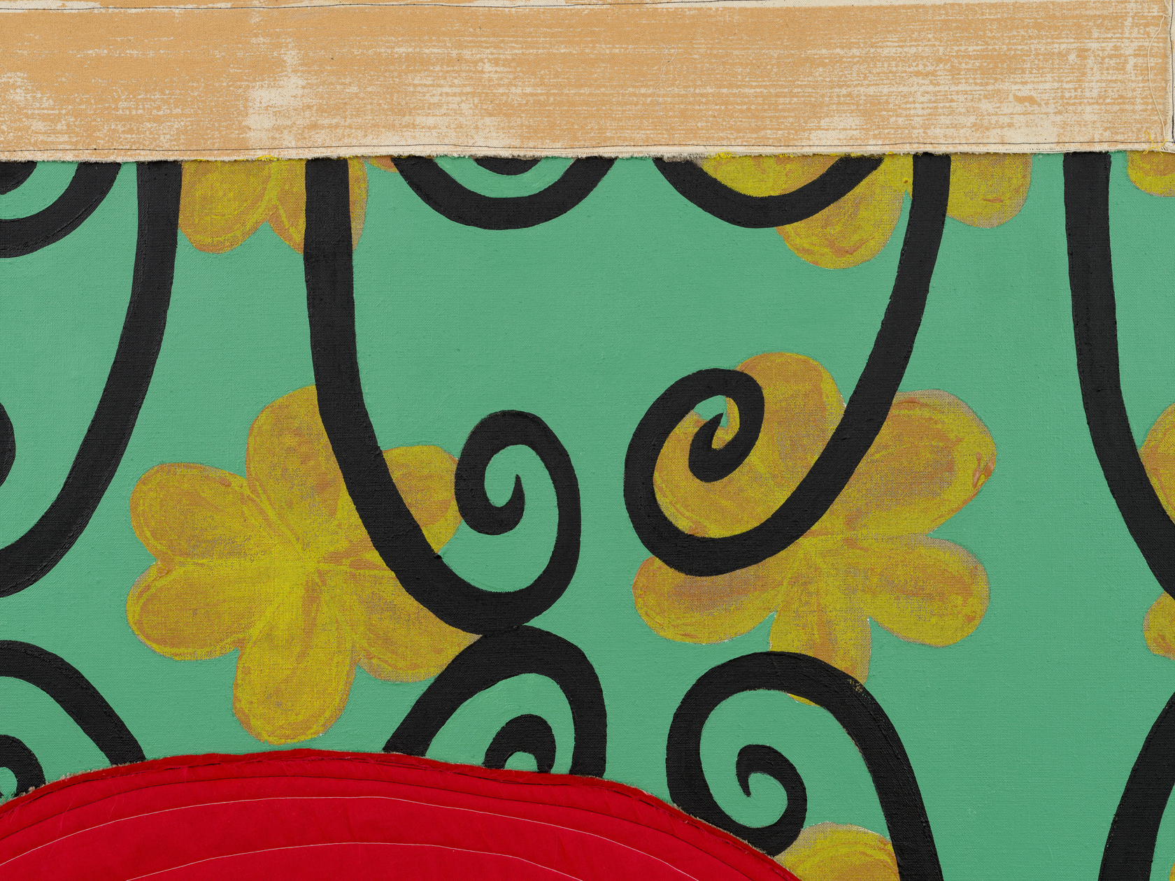 Tschabalala Self Spiral2024 Fabric, dye, thread, acrylic paint and oil paint on linen 182.9 x 213.4 cm 72 x 84...