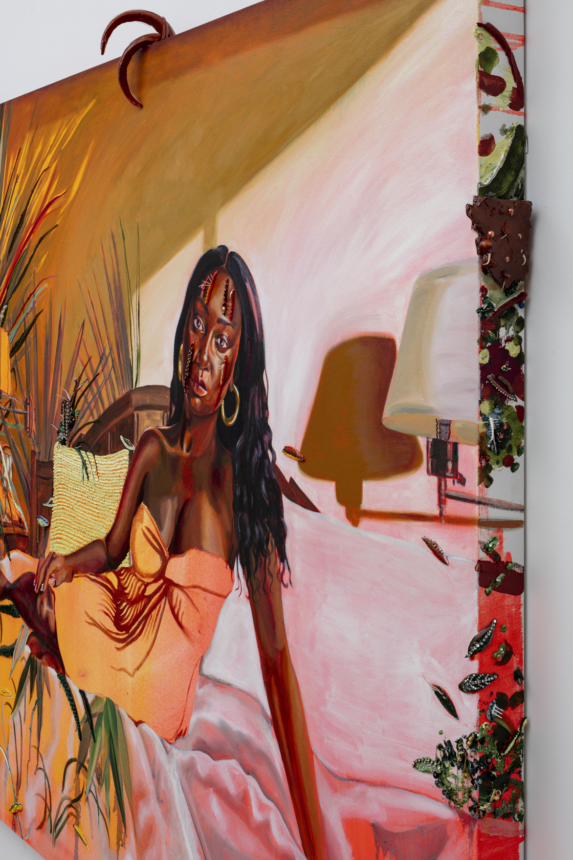 Gisela McDaniel Meeting my soul2024 Oil on canvas, found object, bead, resin, clay, audio 127 x 157.5 x 12.7 cm...