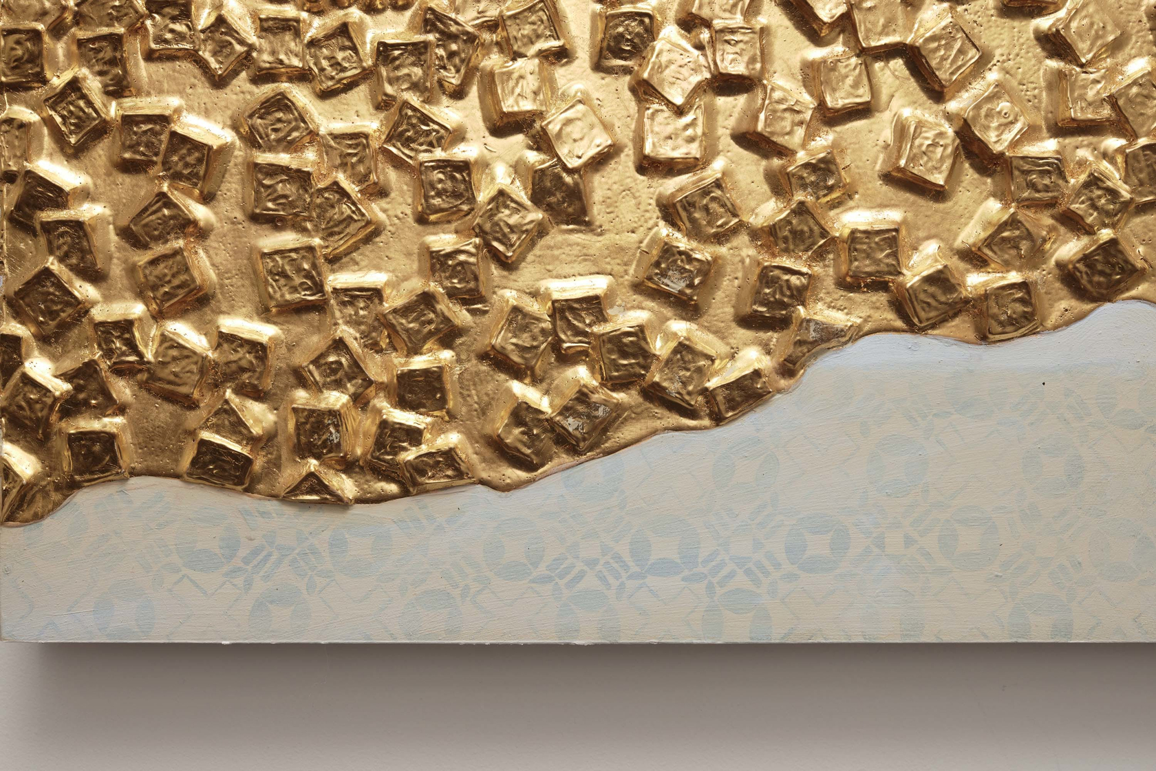 Lina Iris Viktor Bouré2024 24 carat gold, acrylic, cut paper, linen, silk, banana yarn, raffia, silk cocoons on wood panel...