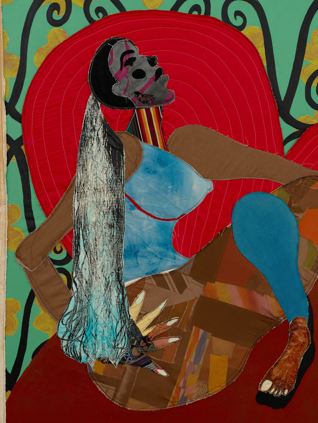 Tschabalala Self Spiral2024 Fabric, dye, thread, acrylic paint and oil paint on linen 182.9 x 213.4 cm 72 x 84...