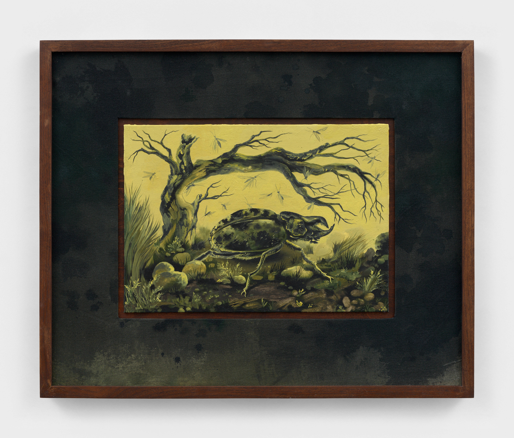 Kat Lyons Season of the Beetle2025 Oil on canvas Custom Frame: Dirt dyed muslin and acrylic paint 47.6 x 57.8...