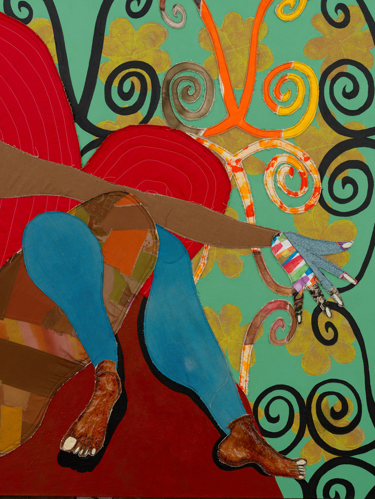 Tschabalala Self Spiral2024 Fabric, dye, thread, acrylic paint and oil paint on linen 182.9 x 213.4 cm 72 x 84...