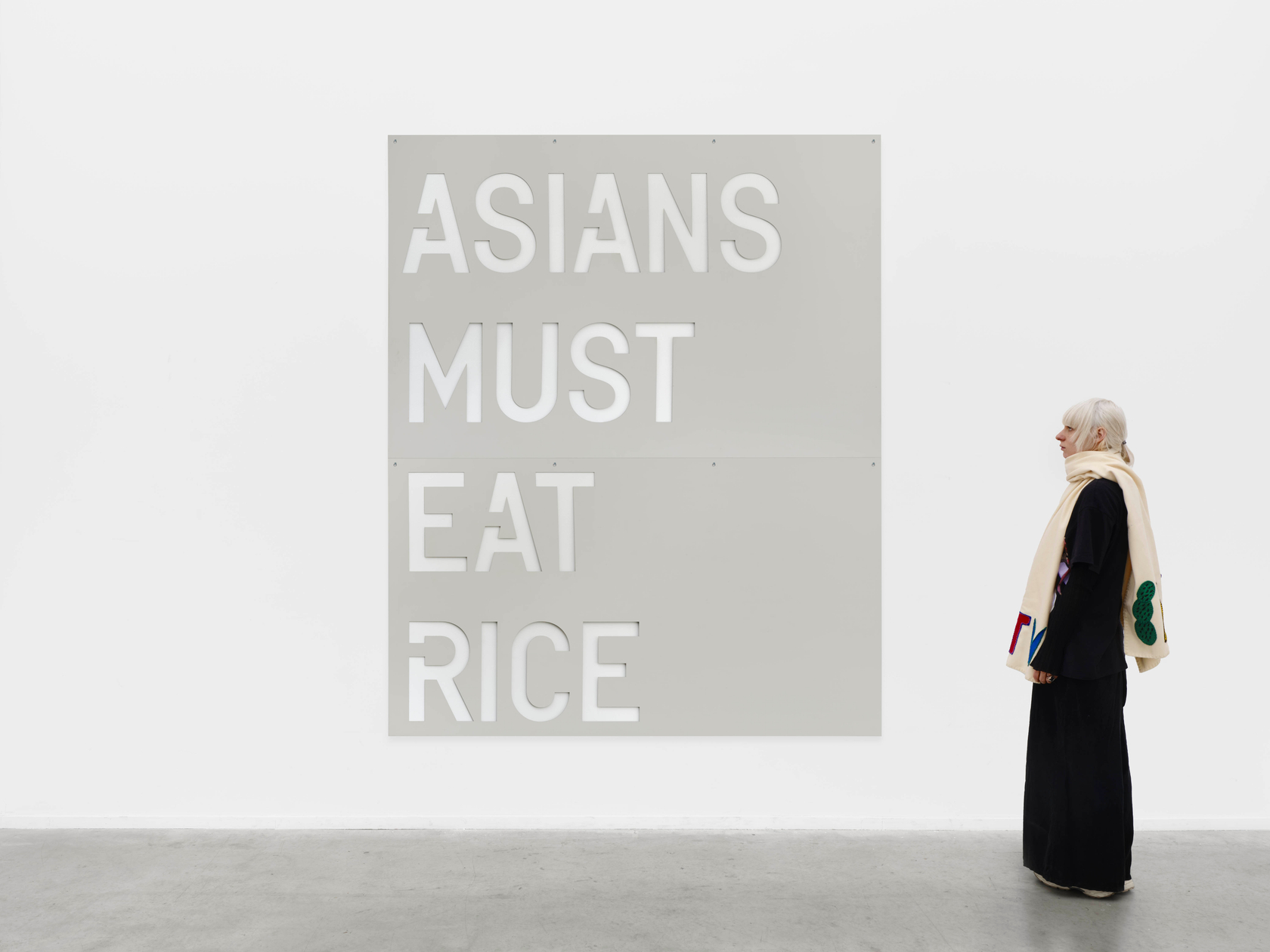 Rirkrit Tiravanija untitled 2018 (asians must eat rice)2018 Mirror polished stainless steel 2 sheets, sheet 1: 48 x 73 1/4...