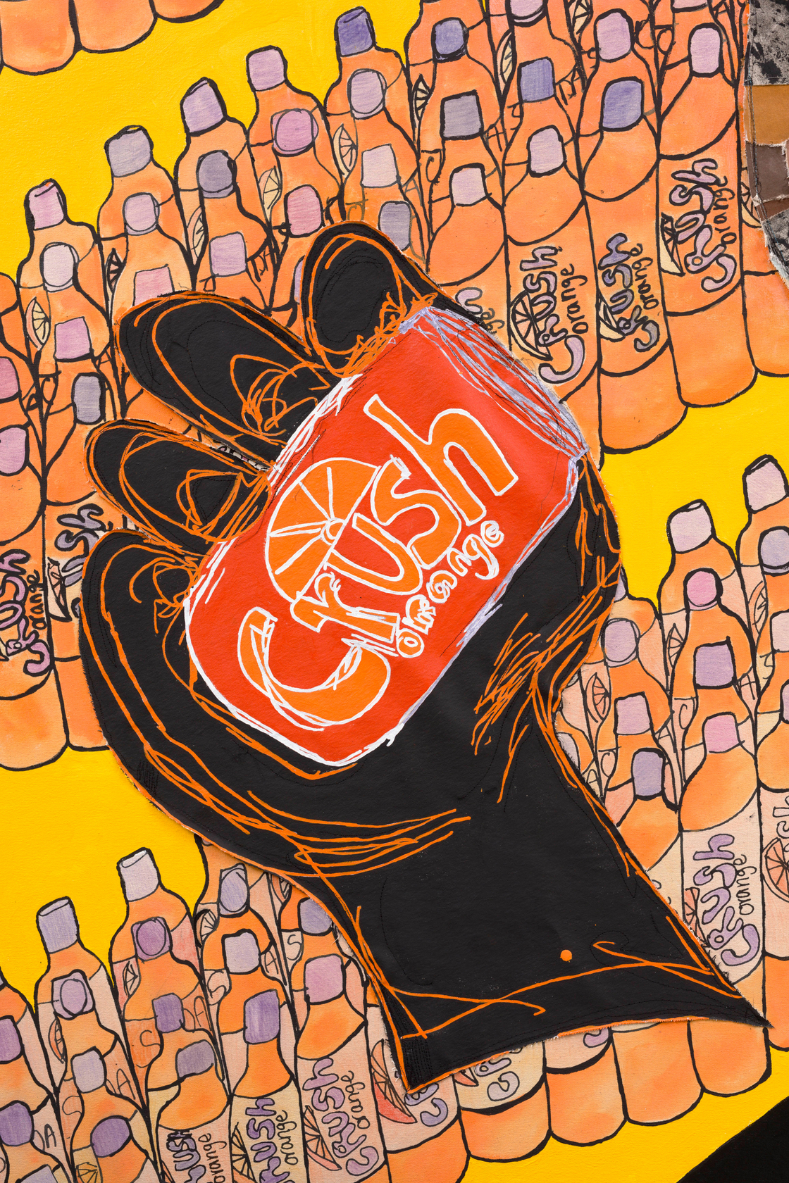 Tschabalala Self Customer 3 2024 Acrylic, colored pencil, fabric, painted canvas and thread on canvas 243.8 x 243.8 cm 96...