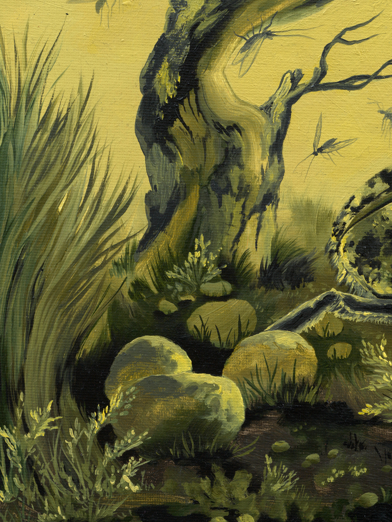 Kat Lyons Season of the Beetle2025 Oil on canvas Custom Frame: Dirt dyed muslin and acrylic paint 47.6 x 57.8...