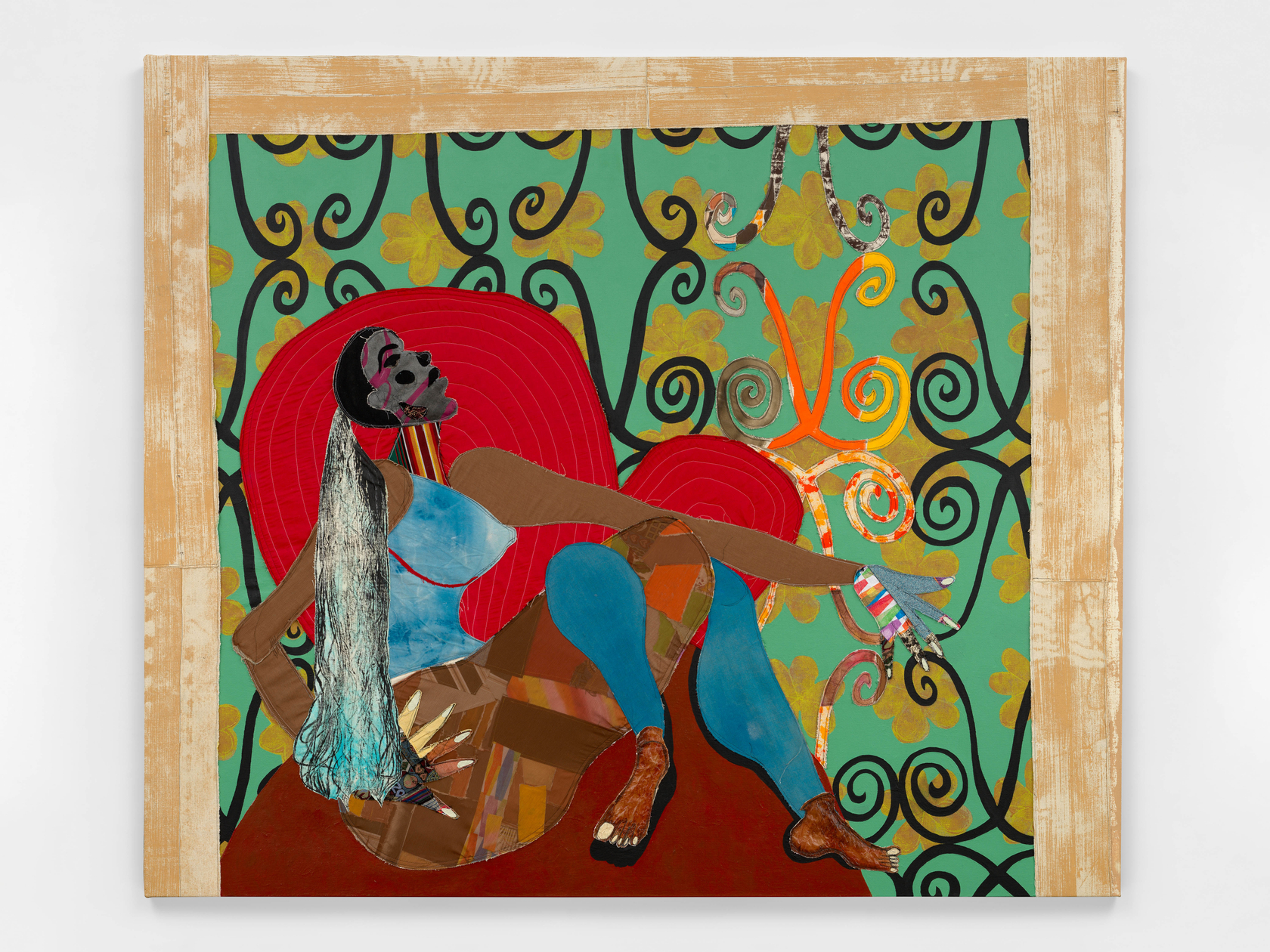 Tschabalala Self Spiral2024 Fabric, dye, thread, acrylic paint and oil paint on linen 182.9 x 213.4 cm 72 x 84...