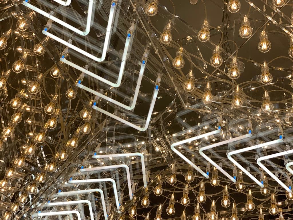 Philippe Parreno Marquee (MoMA)2019 Transparent plexiglas with LED light bulbs and neon, DMX controller 131.1 x 360.7 x 313.1 cm...