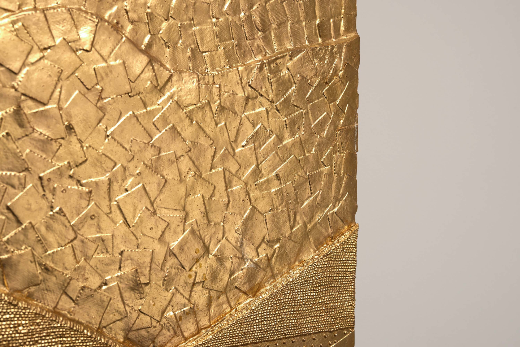 Lina Iris Viktor Bambouk2024 24 carat gold, acrylic, cut paper, linen, jute on wood panel 125 x 59.5 x 5...