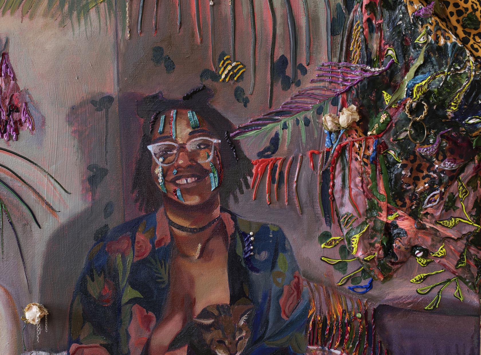 Gisela McDaniel Got Your Back2020 Oil on canvas, found object, flower, resin, sound on USB 91.4 x 111.8 x 21.6...