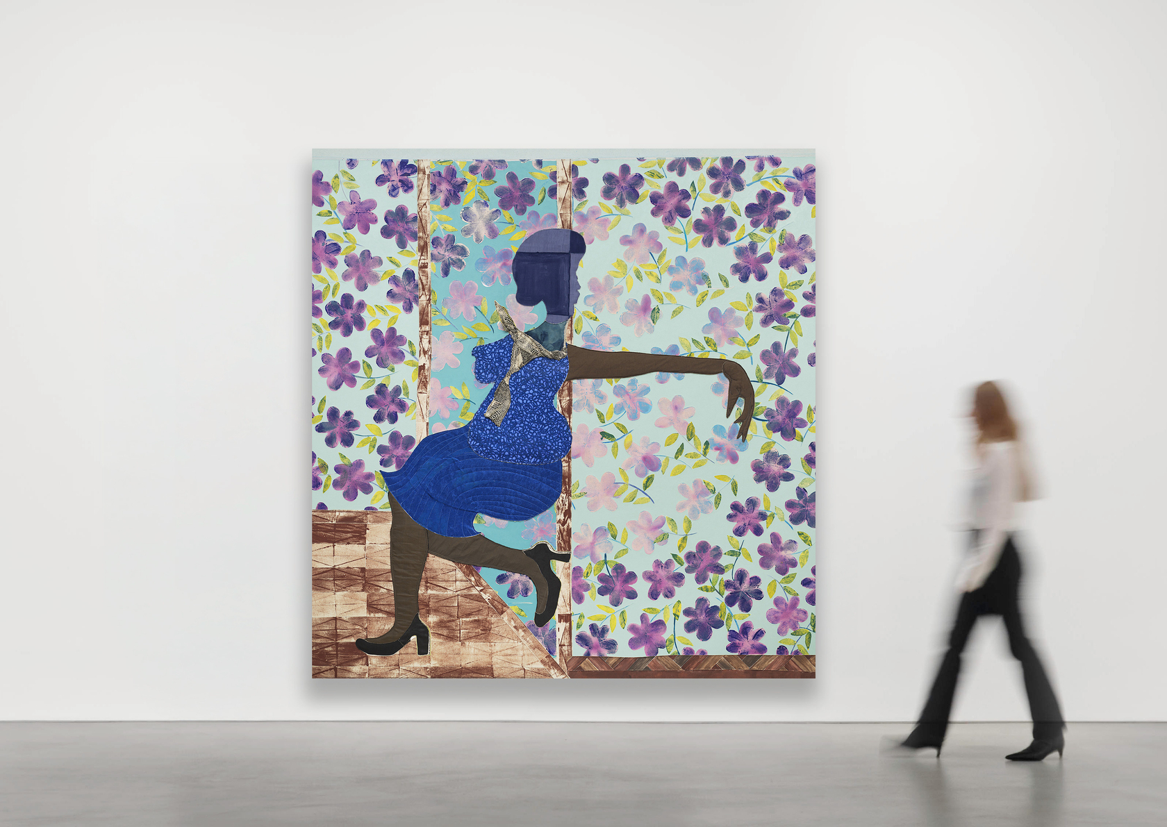 Tschabalala Self Blue Woman2025 Acrylic paint, fabric, thread, coloured pencil, painted canvas on canvas 259.1 x 243.8 x 3.8 cm...