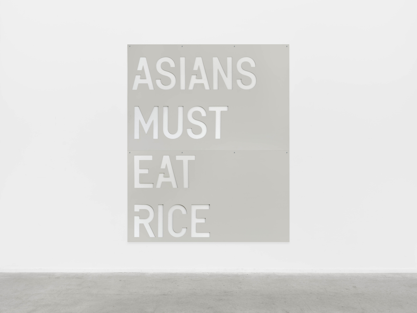 Rirkrit Tiravanija untitled 2018 (asians must eat rice)2018 Mirror polished stainless steel 2 sheets, sheet 1: 48 x 73 1/4...