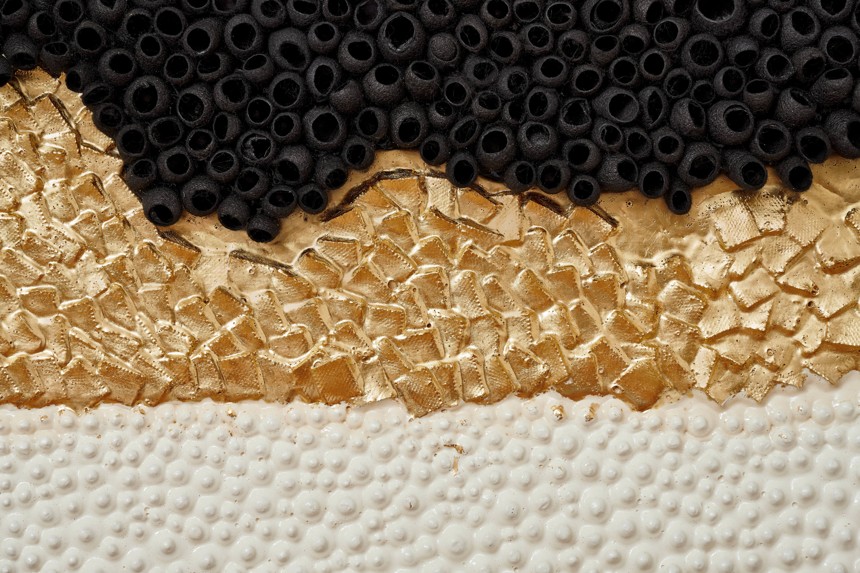 Lina Iris Viktor a world spun for billions of years before our birth2024 24 carat gold, acrylic, linen, raffia, silk,...