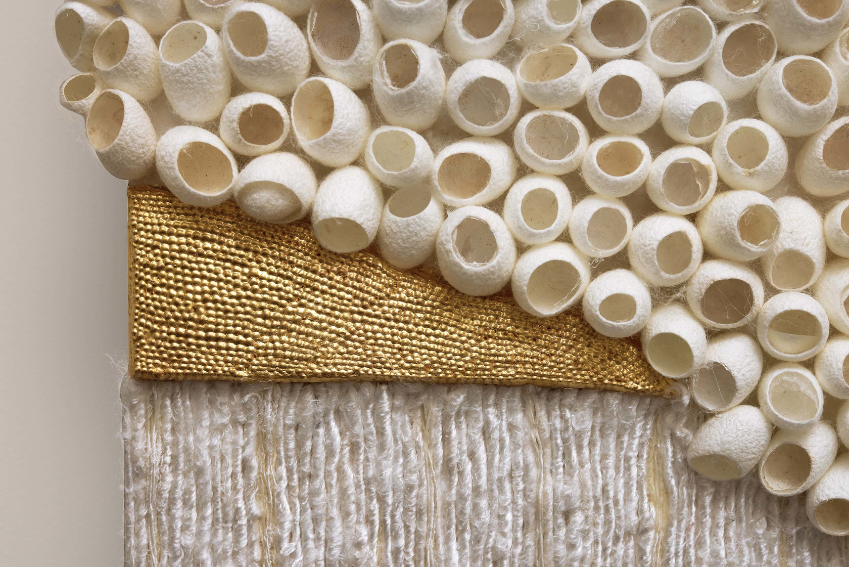 Lina Iris Viktor Bouré2024 24 carat gold, acrylic, cut paper, linen, silk, banana yarn, raffia, silk cocoons on wood panel...