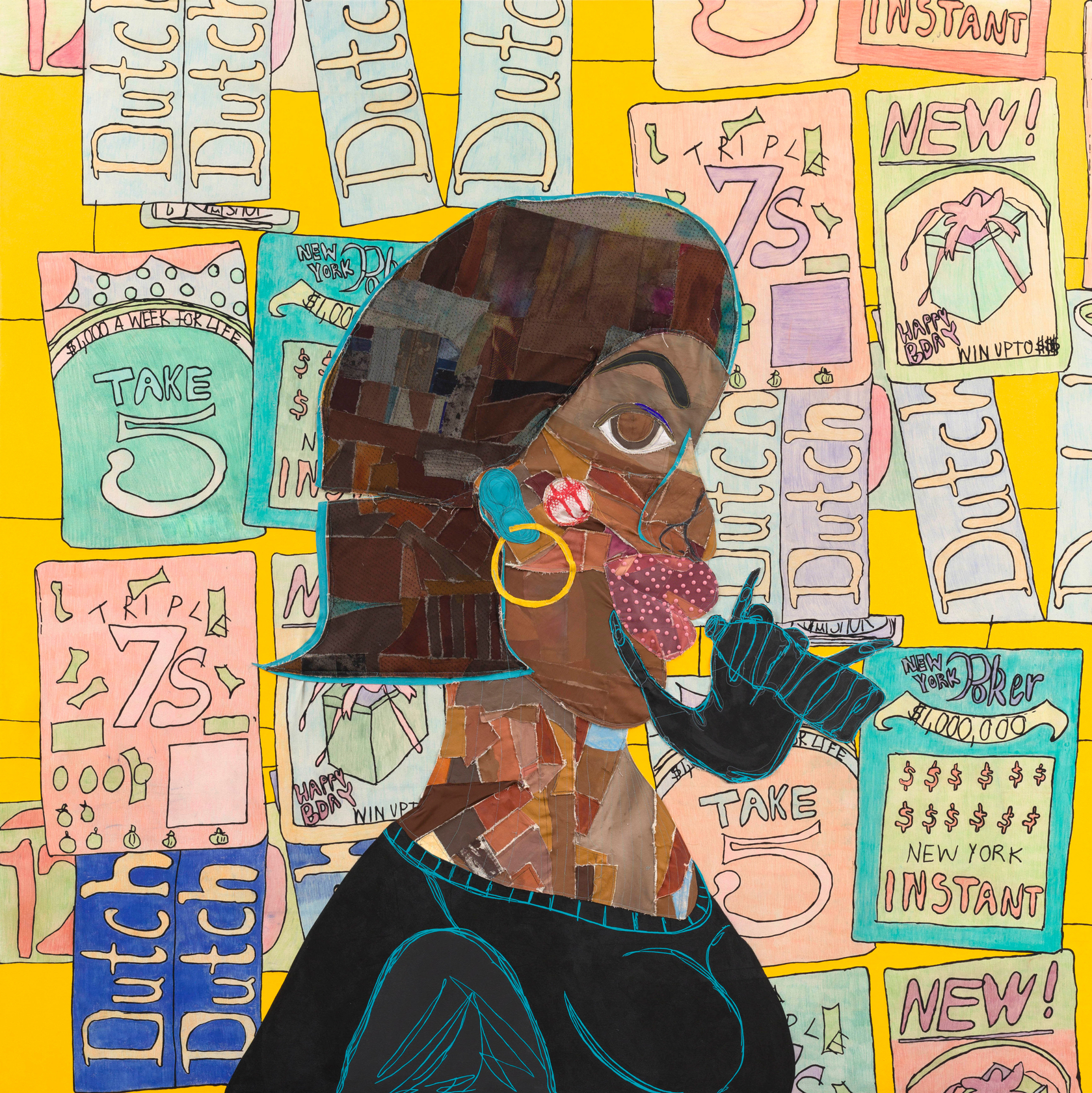 Tschabalala Self Customer 42024 Acrylic, colored pencil, fabric, painted canvas and thread on canvas 243.8 x 243.8 cm 96 x...