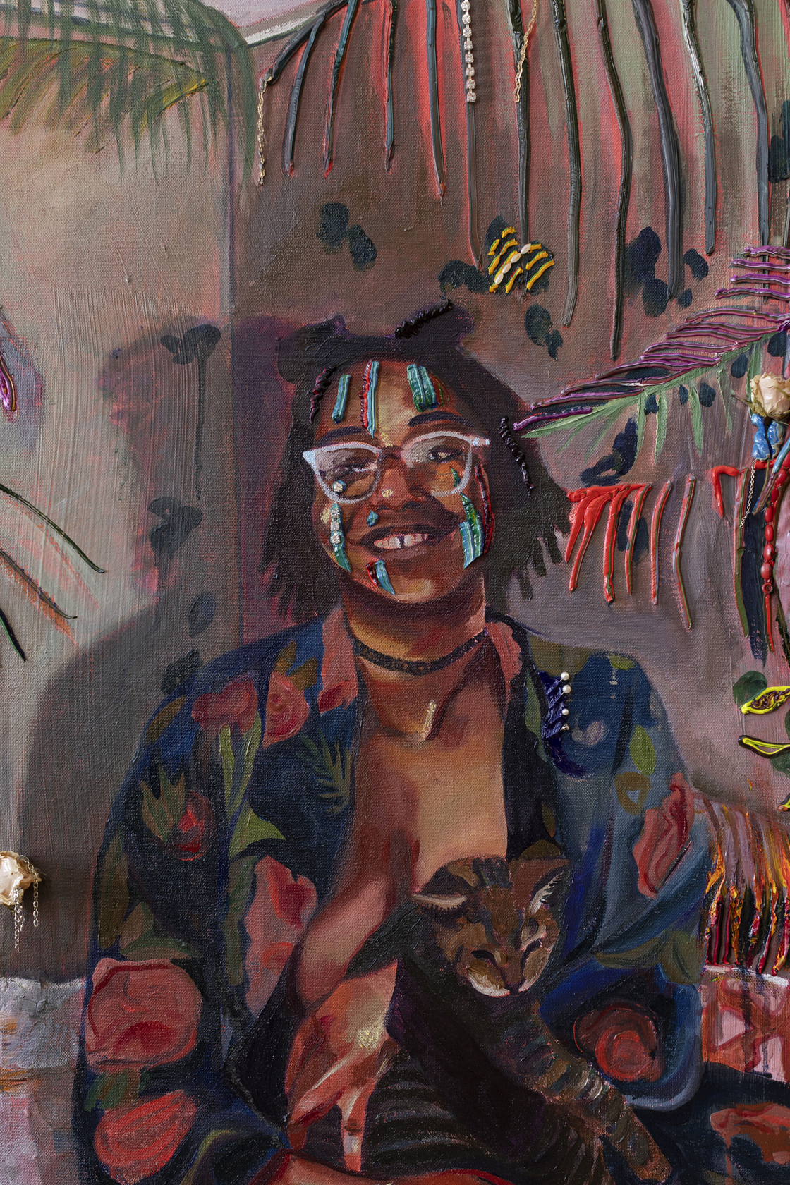 Gisela McDaniel Got Your Back2020 Oil on canvas, found object, flower, resin, sound on USB 91.4 x 111.8 x 21.6...