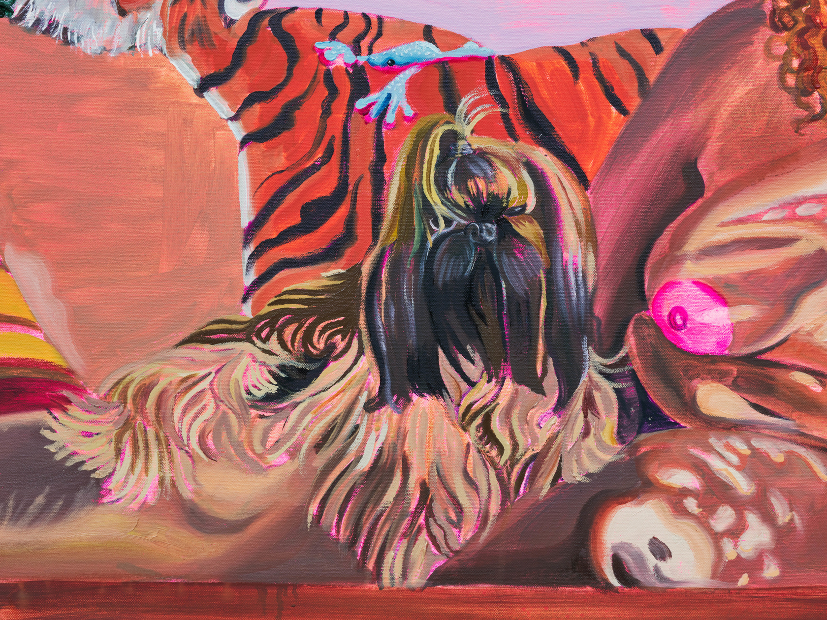 Gisela McDaniel Do more2023 Oil on canvas, object from subject, hair, sound 137.2 x 182.9 x 7.6 cm 54 x...