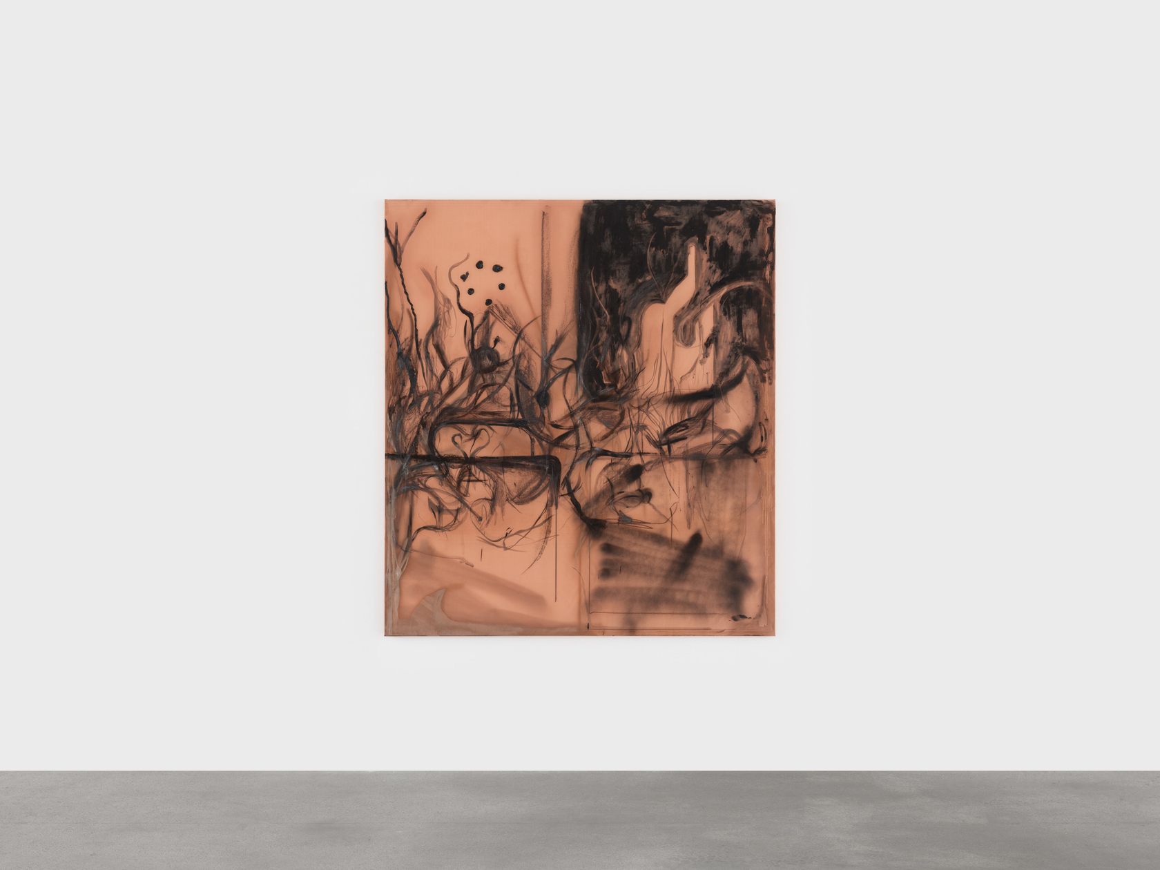 Peppi Bottrop C29.wtfg.022024 Oil, acrylic, charcoal, graphite and paper on copper mesh 189.9 x 170.2 cm 74 3/4 x 67...